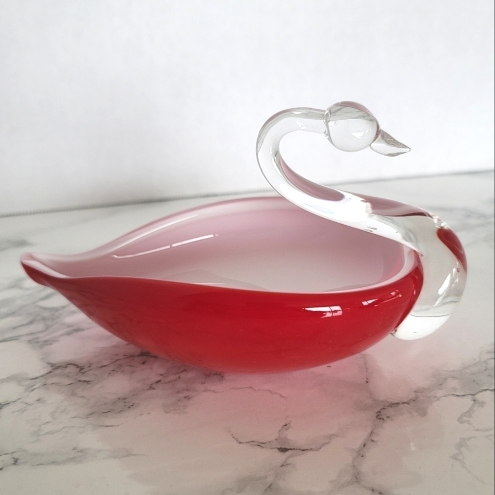 Glass Art Swan Red White Clear Figurine Dish Decorative